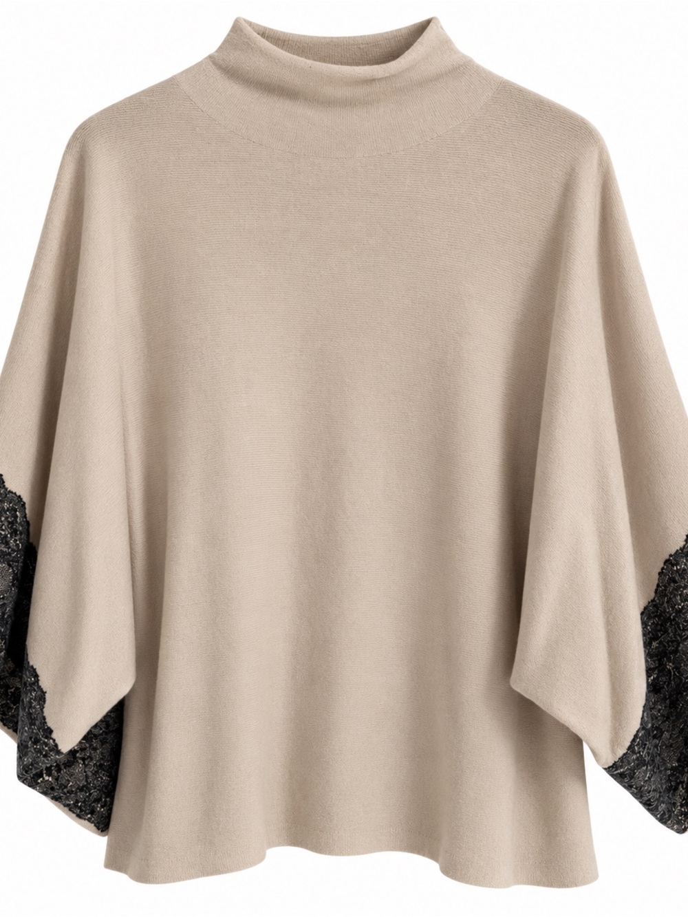 Karen Millen Taupe Mock Neck Poncho with Black Lace Sleeves